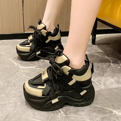 Fashion Winter Women Chunky Warm Sneakers Leather Casual Shoes 10CM Wedge Heels Platform Boots Chaussures Femme Plush Dad Sneaker