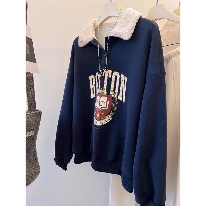 Extra-large Lapel Pullover Hoodless Fleece Sweatshirt for Women In Autumn and Winter with A Loose School Style