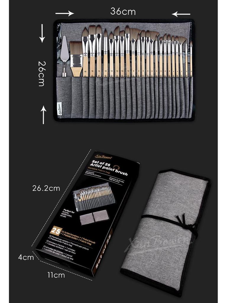 25-Piece Portable Wood Paintbrush Set for Art Studio and Sketching