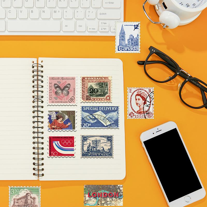 50PCS Vintage Stamp Stickers Aesthetic Postage Stamp Stickers Waterproof Vinyl Decals for Scrapbook Laptop Water Bottle