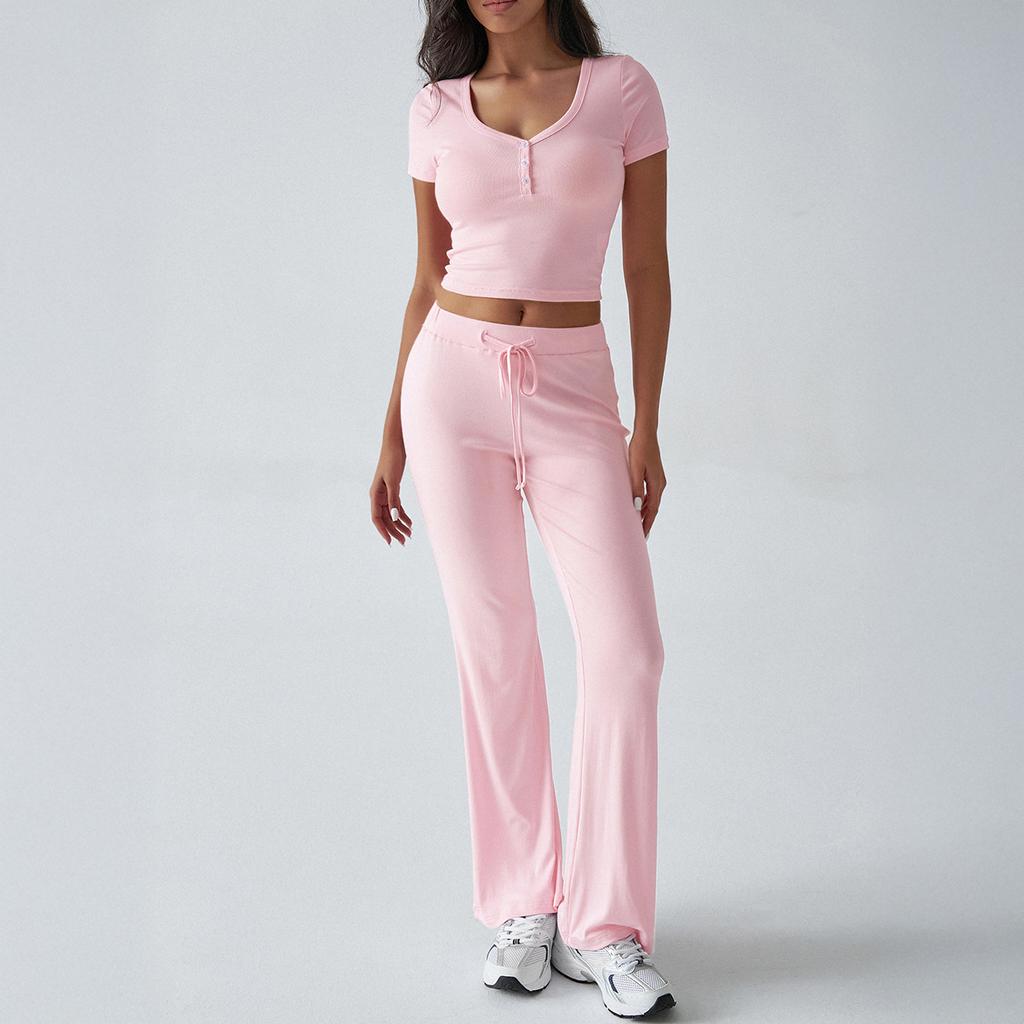 Letní dámské sportovní ležérní tričko s výstřihem do U a kalhoty s pletenými kalhotami ve stylu Y2K
