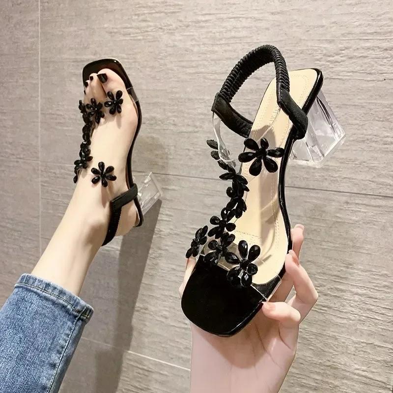 Fashion Women Sandals 2024 Summer Pvc Crystal Flower Chunky Heel Peep Toe Back Strap Elastic Elegant Fashion Shoes Ladies Zapatos