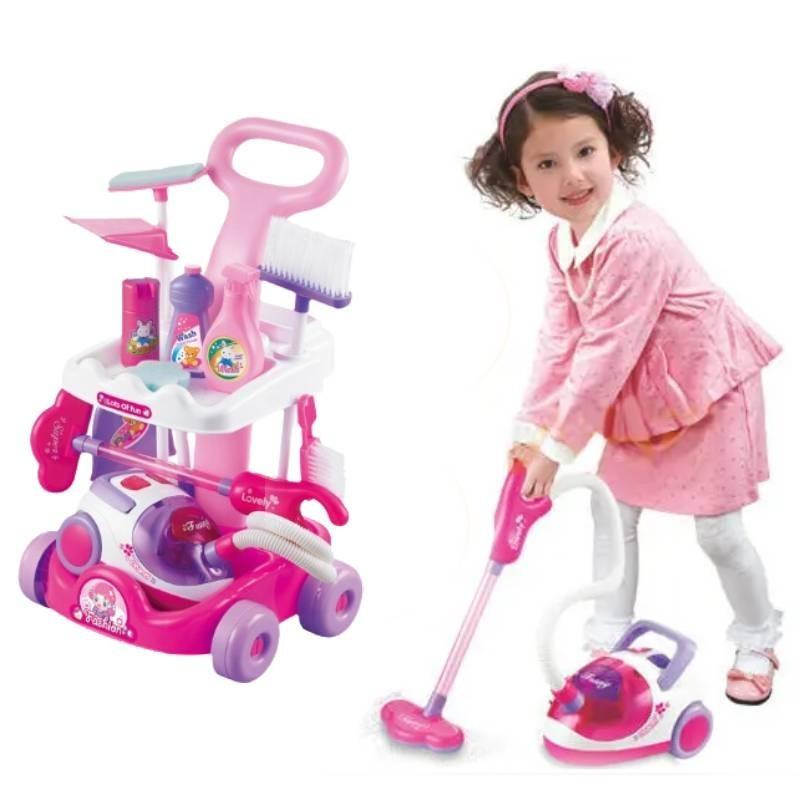 Interactive Kids Play Vacuum Set Plastic Cleaning Tool Cart With Ice Cream Cash Register