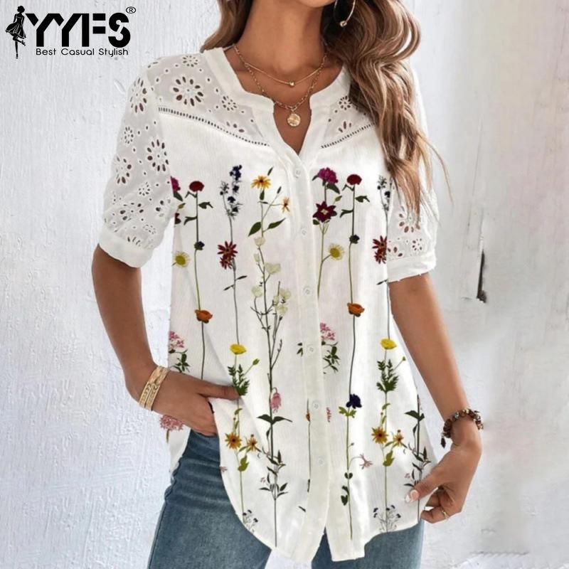 

Жіночі модні повсякденні літні весняні блузки та сорочки з принтом з квітковим візерунком і короткими рукавами з V-подібним вирізом YYFS XXXXXL