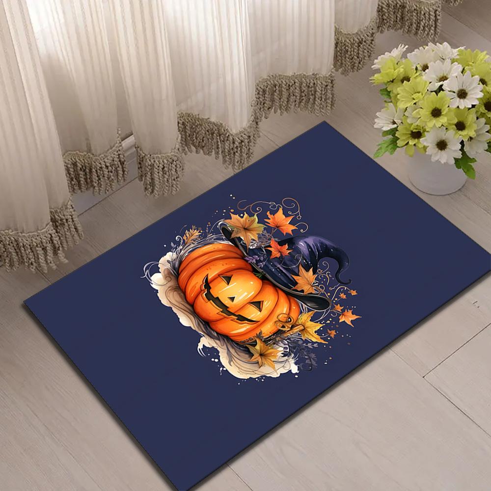 Halloween Pumpkin Area Rug | Crystal Velvet Polyester | Vibrant Witch Hat & Autumn Leaves Design | Ideal for Living Room, Bedroo