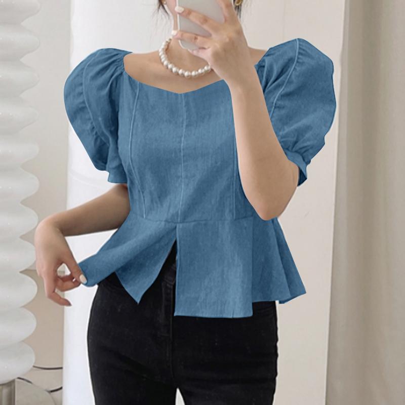 ZANZEA Womens Casual Round Neck Puff Sleeve Solid Color Loose Blouse