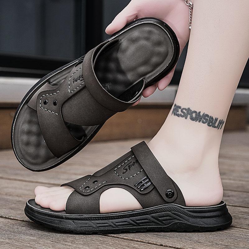

Men s summer new sandals high-end leather surface casual soft sole two wear one-word drag trend fashion cool slippers 44 серый