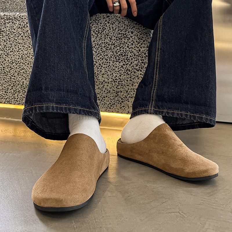 Platform-soled Boken Shoes Bag Head Half-support Shoes Men's Summer Wear Comfortable Retro Slippers 15167 Black, apricot-J