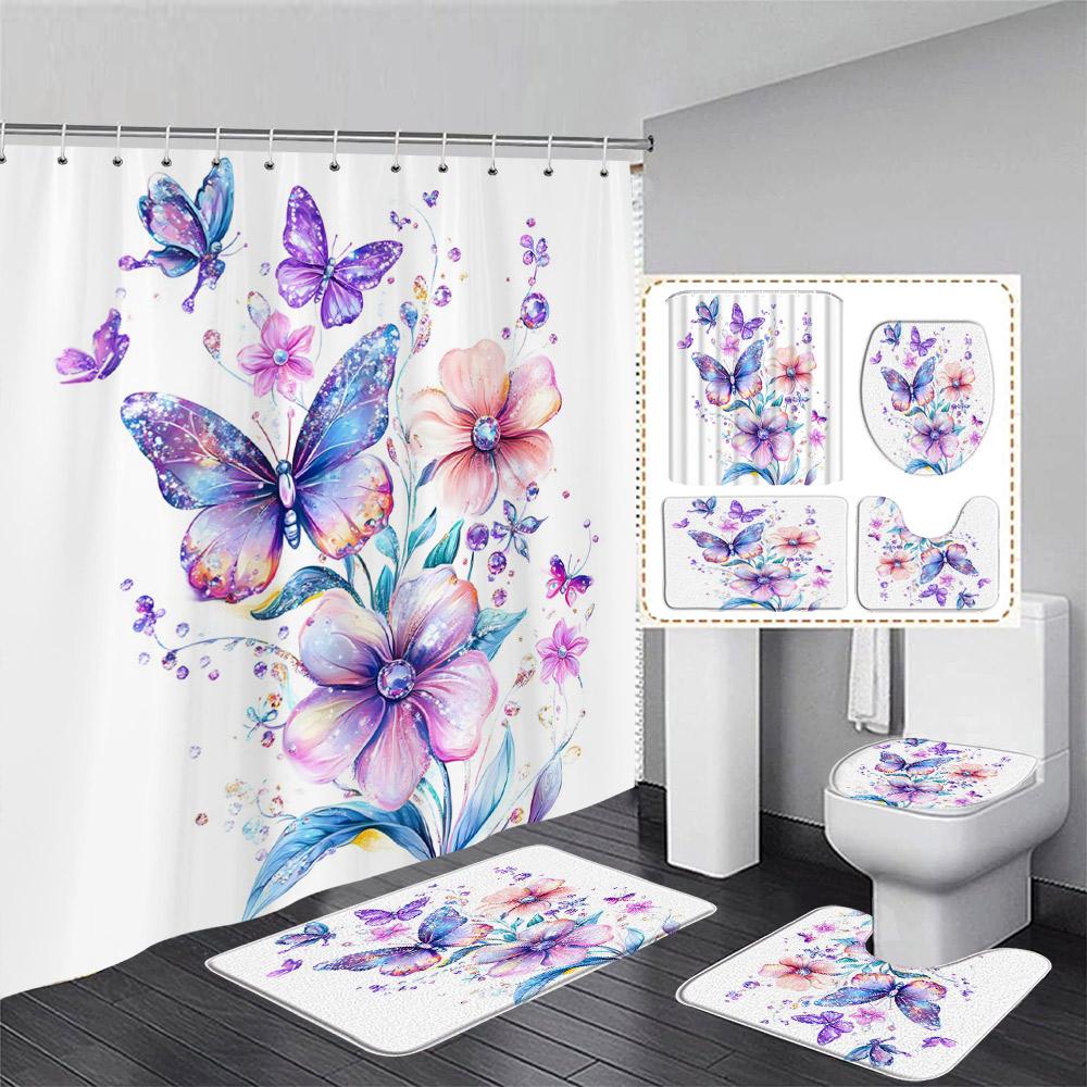 Floral Blue Butterfly Shower Curtain Set Purple Flowers Plant Butterflies Pattern Home Bathroom Decor Bath Mats Toilet Lid Cover