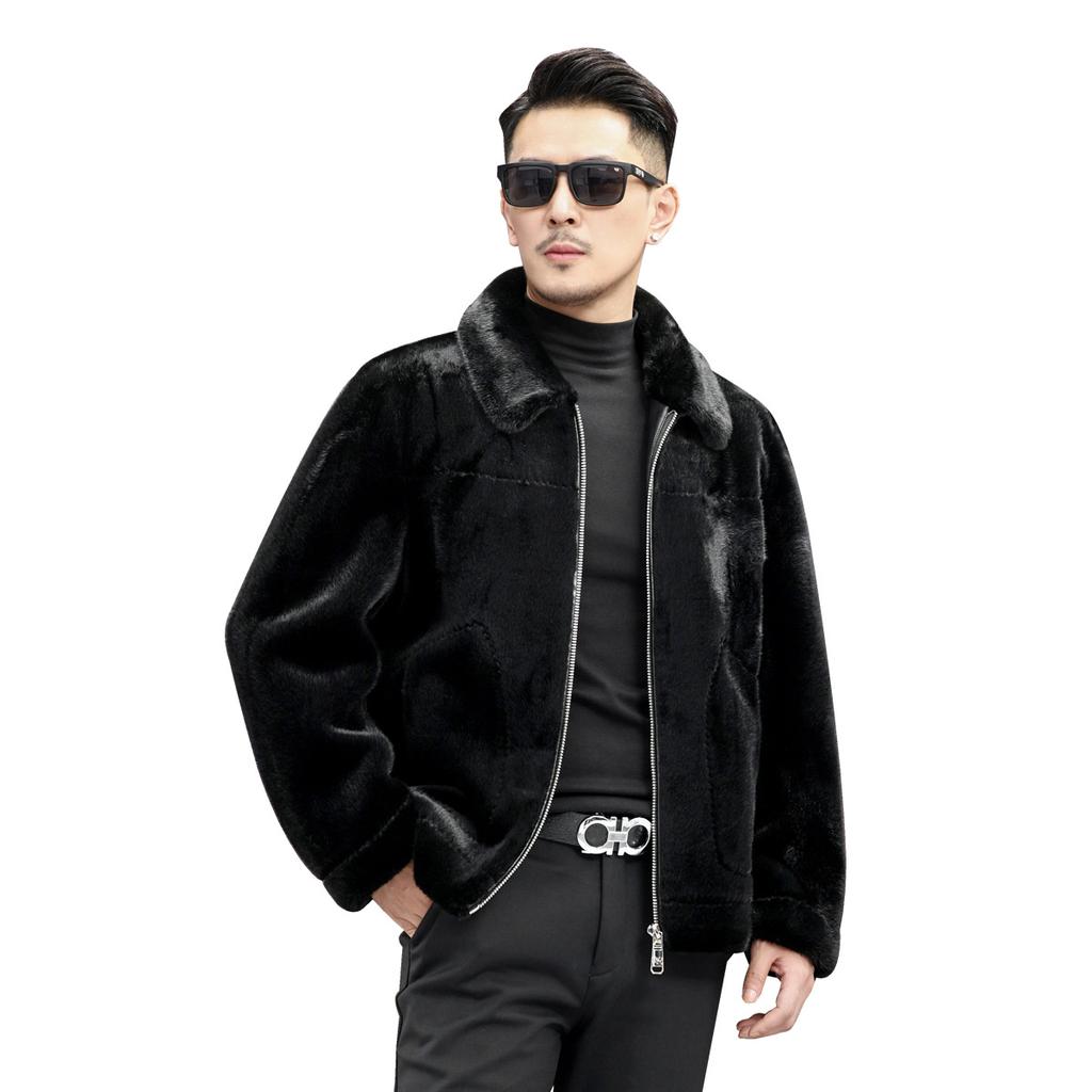 Casaco Quente de Inverno, Jaqueta de Pele Haining, Casaco de Veludo Mink com Escultura de Água, Casaco para Homens de Meia-idade com Lapelas Espessas