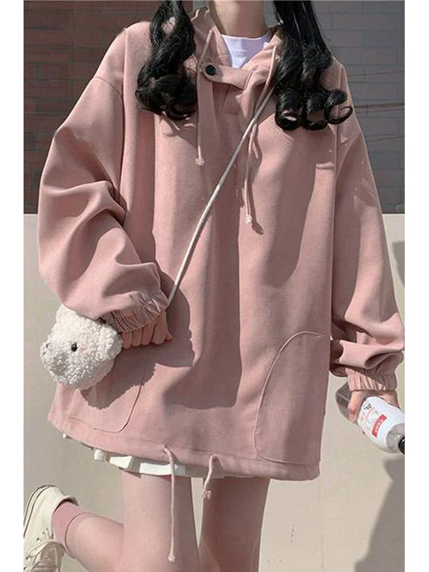 Women's Fleece-Lined Hooded Jacket: Loose Fit, Versatile Long-Sleeve Sweatshirt for 2024 Autumn/Winter, Japanese Student Style, Warm Top
