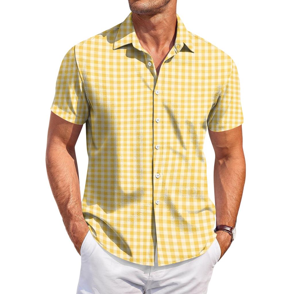 Men's Casual Short Sleeve Button Down Shirt Checkered Pattern Lightweight Breathable Fabric Relaxed Fit Summer Top