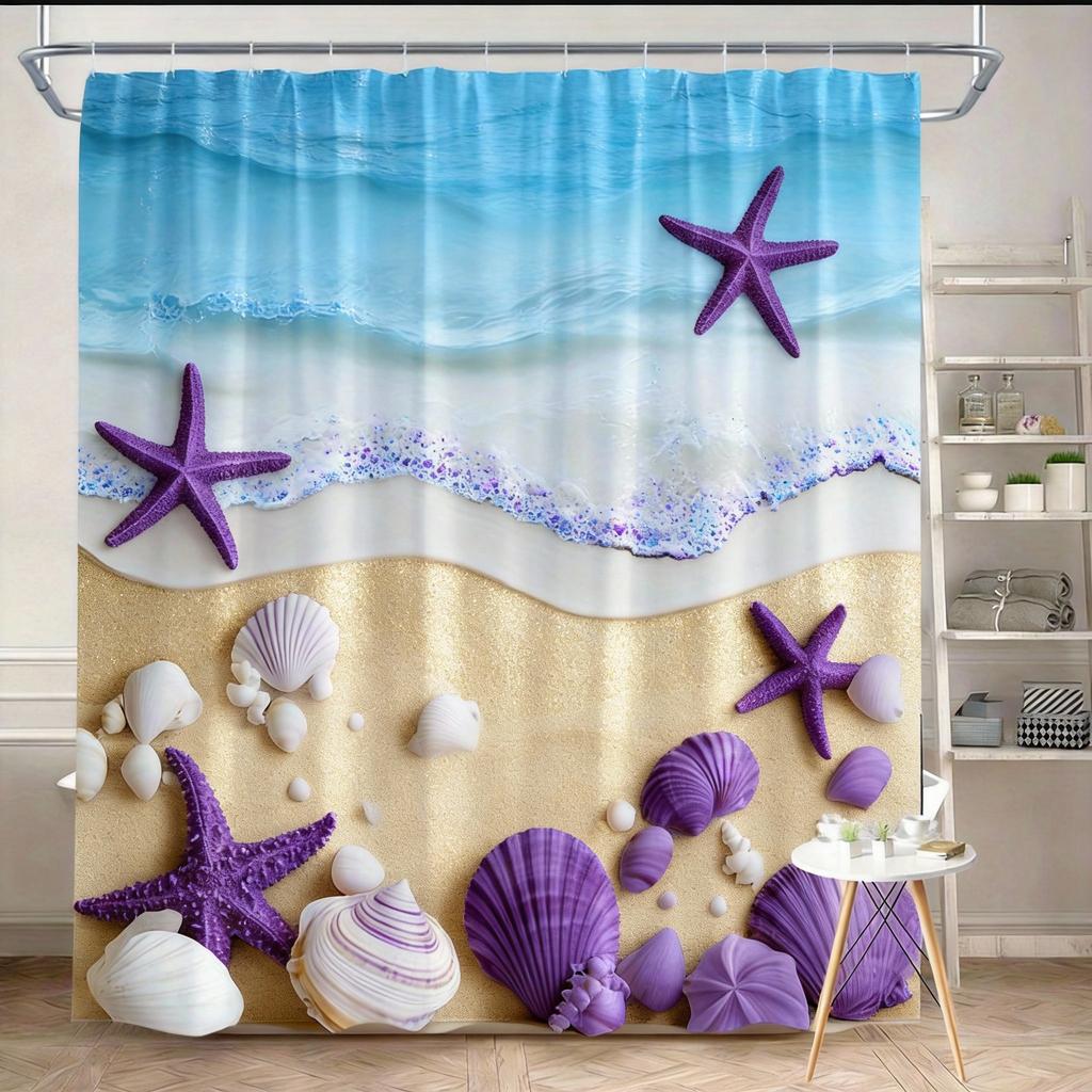 Beach Shower Curtain 180x180cm – Coastal Waves, Sandy Shore & Seashells in Neutral Tones, Ocean Bathroom Decor, 12 Hooks
