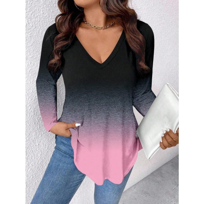 V-neck Cat Gradient Print New Style Daily Casual Long-Sleeved T-Shirt