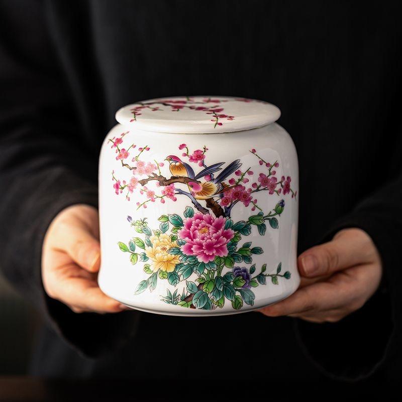 Large Ceramic Tea Caddy with Lid – Vintage Bird & Flower Design, Airtight Storage Jar for Loose Leaf Tea