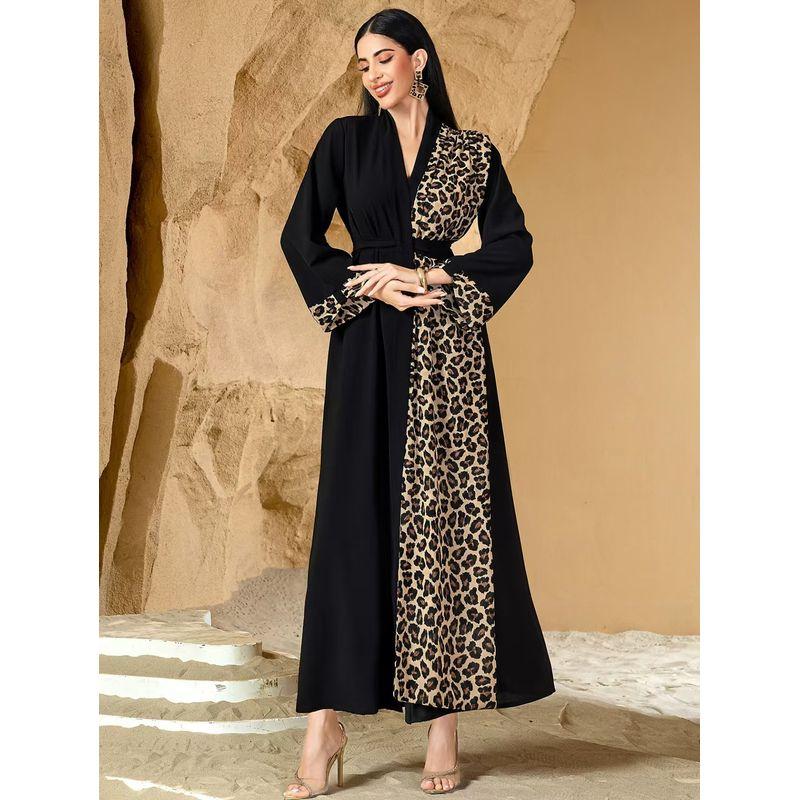 New Patchwork Leopard Print Cardigan Lace-up Robe Dress Splicing Leopard Print Dress