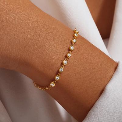 Sweetrain Dainty 3mm Moissanite Bracelet 18K Gold Plated 925 Silver Adjustable Bezel Set Stackable Hypoallergenic Women Jewelry