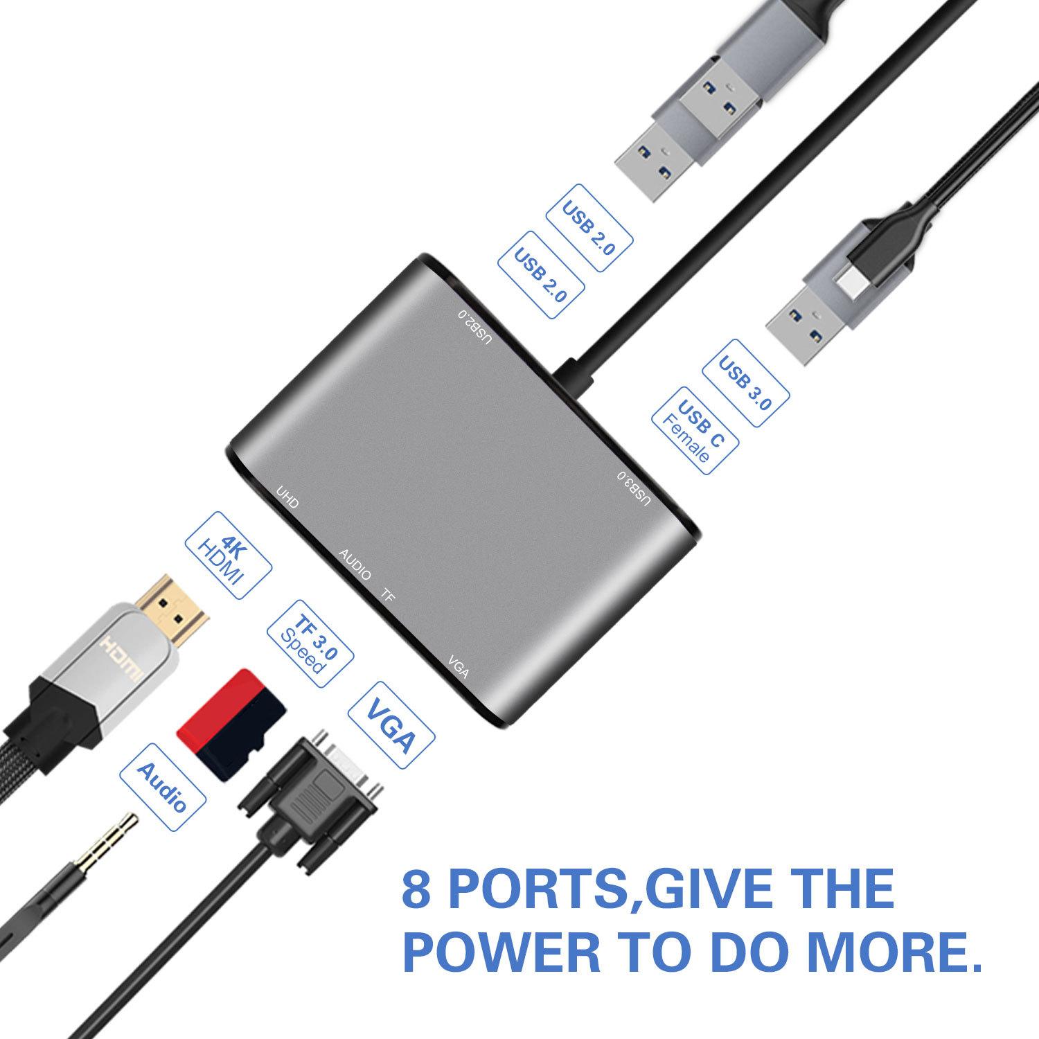 

FX-1815B 8-in-1 Type-C Hub with 4K HD+USB 3.0+2x USB 2.0+HD+VGA+TF Card Reader As Shown A