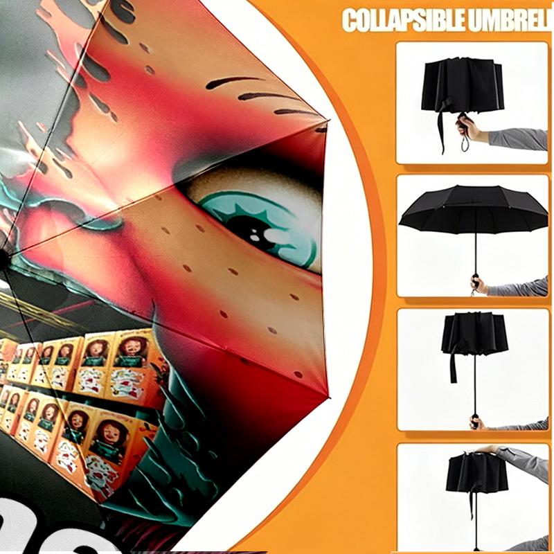 Custom Name Personalized Bride of Chucky Print Umbrella, Auto Open Close, 8‑Rib Sturdy Frame, Commute Camping Hiking Use, Birthday Gift