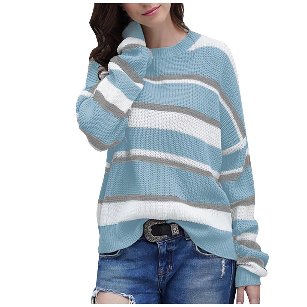 Women's Round Neck Temperament Long Sleeve Color Stripe Loose Sweater