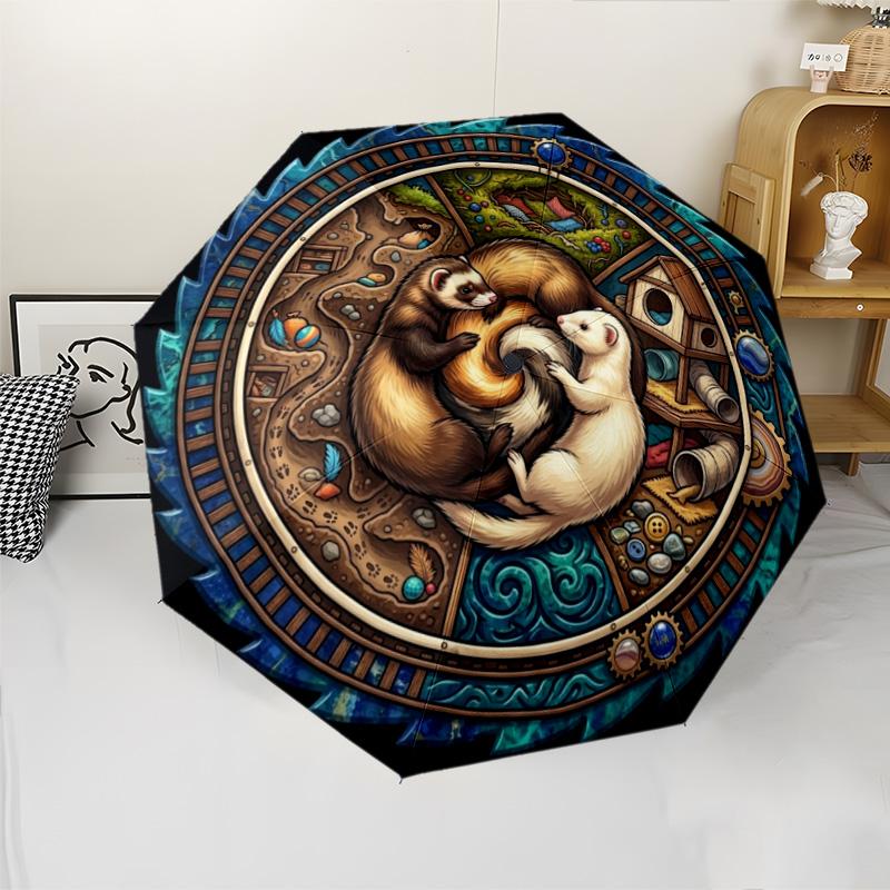 Ferret Harmony Mandala Pattern Umbrella, Portable and Foldable Design, 8 Ribs, a Casual Accessory for Halloween, Christmas, and Birthday Gifts.