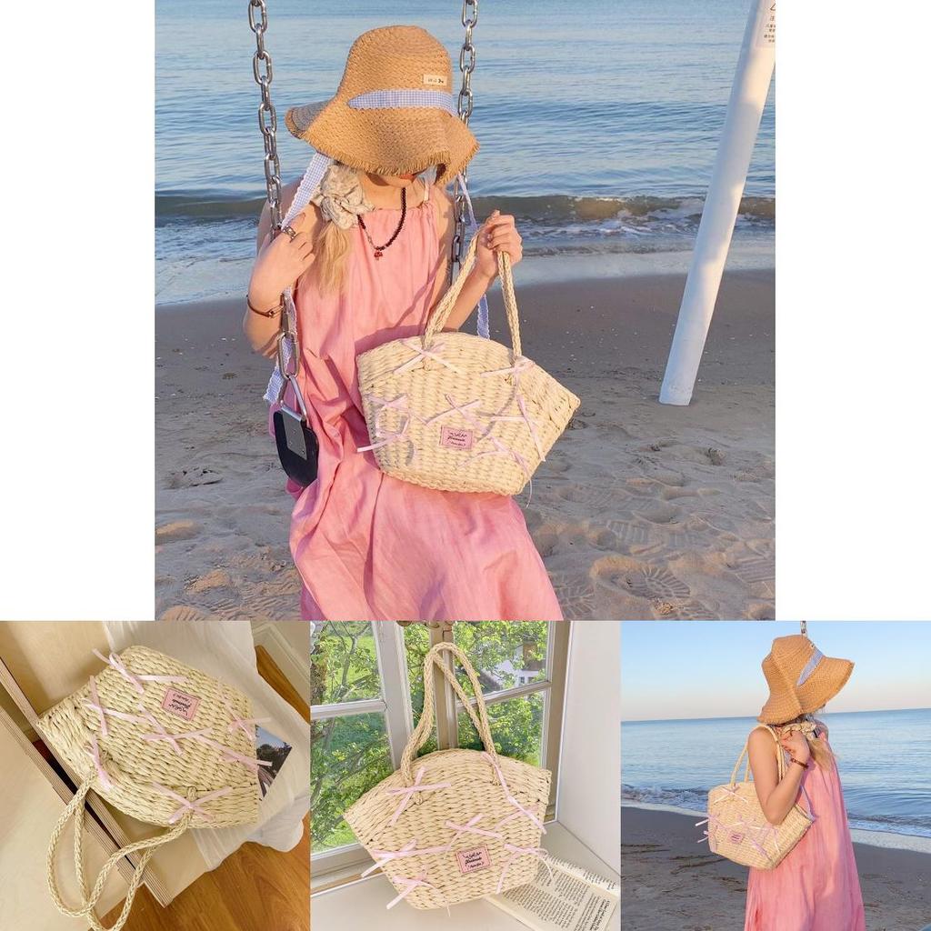 Einfache Rosa Schleife Dekoration Damen Lässige Grasgewebte Handtasche Für Den Täglichen Gebrauch Und Strandausflüge