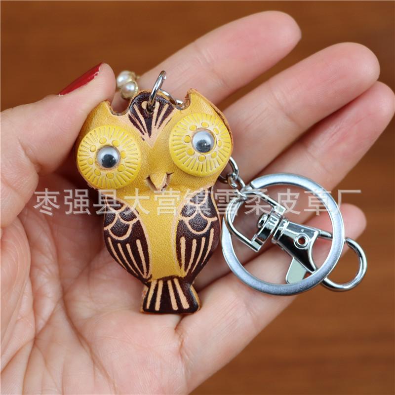 First Layer Cowhide Creative Owl Bag Car Keychain Pendant Animal Doll Jewelry Cute Little Gift