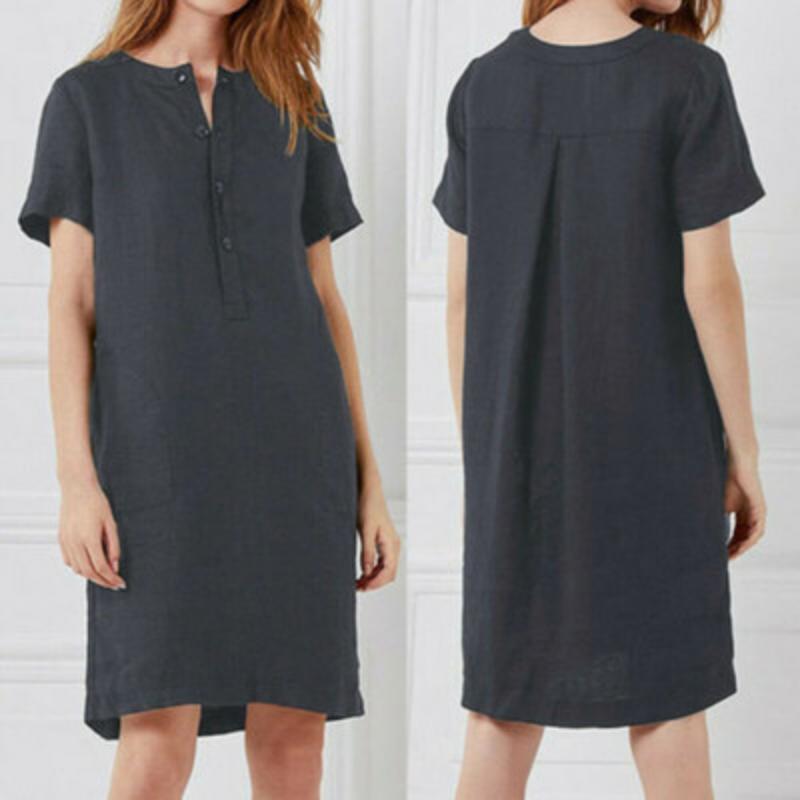 

Women s Summer Cotton Linen Midi Dress, Loose V Neck Button Front Short Sleeve Casual Dress with Pockets 5XL темно-синього кольору