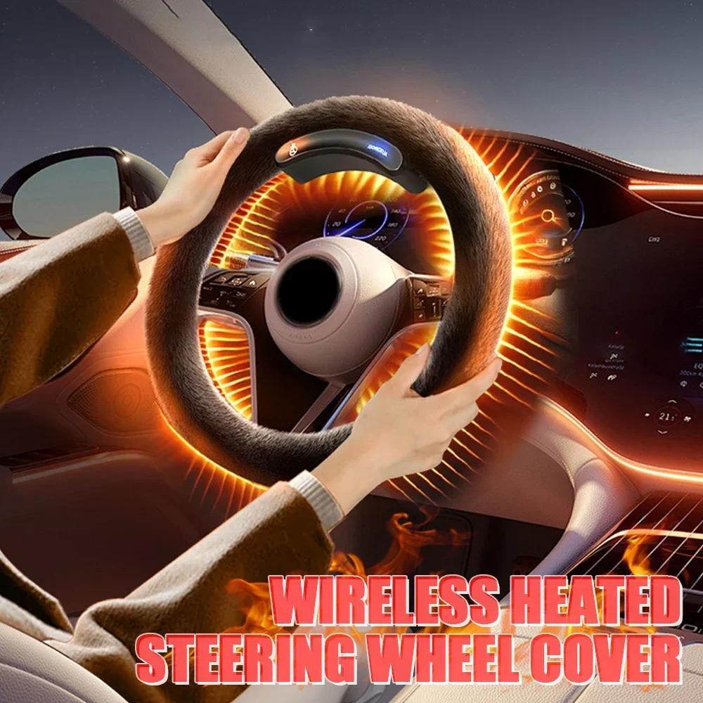 NEW Graphene Wireless Heated Steering Wheel Cover Universal Winter Leather Suede Hand Sewn Plush for Car Decoration Accessorie