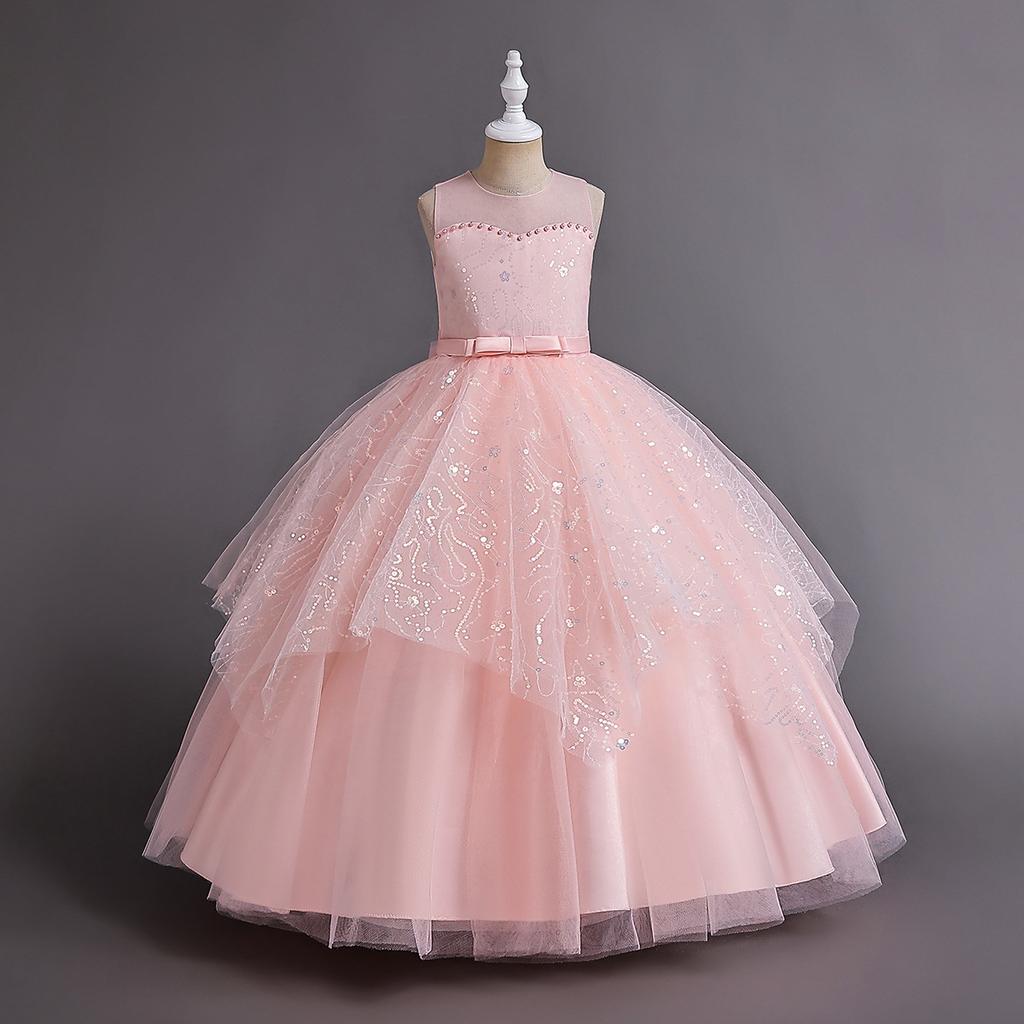 Girls' Sleeveless Princess Print Puff Skirt Evening Gown for Choir and Summer