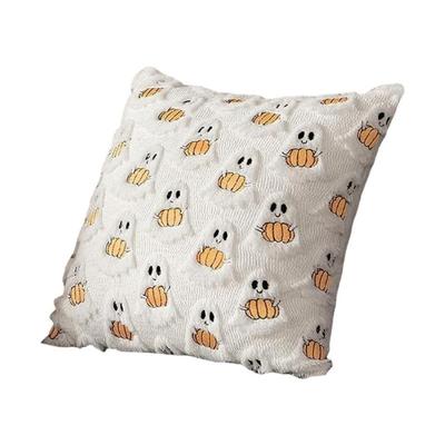 Soft Faux Furs Ghostly Pumpkin Pillow Cover 18x18Inch Embroidered Halloween Decors For Bedroom Sofa Couch Cushion Case