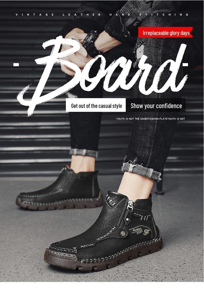 Men's Large Size Martin Boots - Casual Handmade Zipper Short Boots with Plus Velvet for Autumn and Winter
