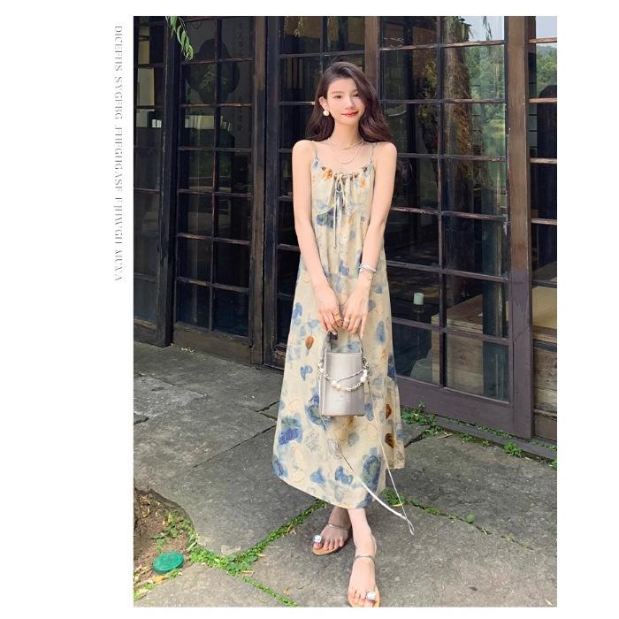 New Chinese suspender dress, ink painting, tie-dye, niche design, literary and artistic national style long skirt, holiday style photo skirt S