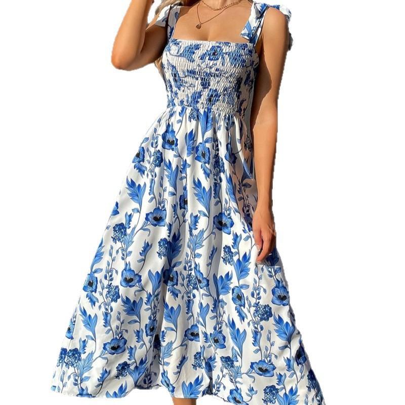 Womens Floral Print Sleeveless Maxi Dress With Elastic Waist Street Style 2026