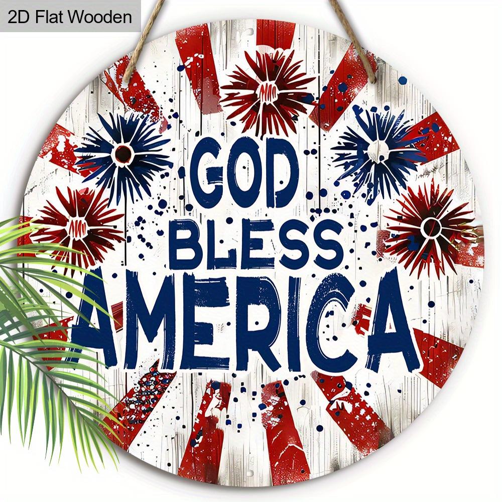 God Bless America Fireworks Wooden Sign, Patriotic 4th of July Front Door Decor, Rustic American Flag Wall Hanging