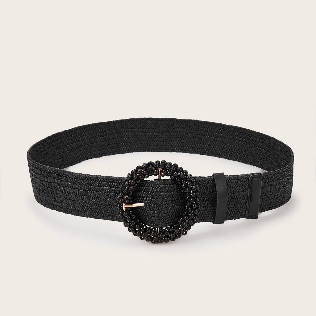 Simple Solid Color Bead Ring Buckle Decoration Women Casual Woven Belt For Boho Dresses