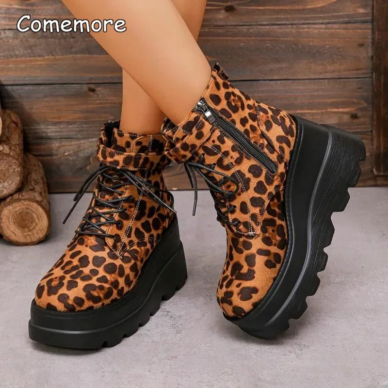 Fashion Women's Shoes 2025 Plus Size Ankle Women's Boots Platform Modern Boots Women Leopard Side Zip Front Lace-up Wedges Shoes Women