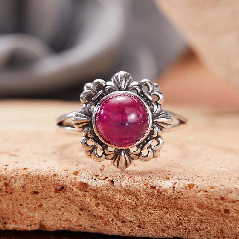 Vintage Hollow Pattern Thai Silver Ring Women'S S925 Sterling Silver Inlaid With Natural Jasper Topaz Gemstone Index Finger Ring
