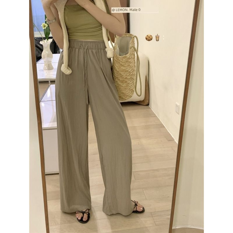 

Lazy Lake Blue Wrinkle Thin Loose Drawstring Pants Milk Tea Ice Silk Pants M