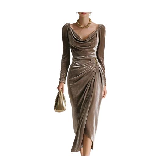 Abito da sera da donna a maniche lunghe in velluto per feste, con scollo drappeggiato, arricciato, spacco, aderente, midi, per invitati a matrimoni