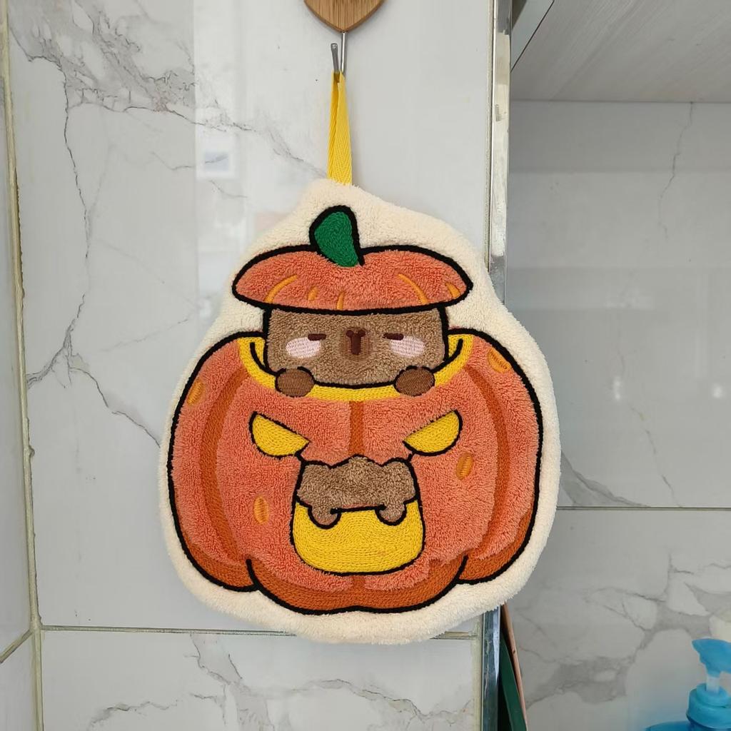 New Halloween Kapibara Hand Towel Hanging Type Home Kitchen Bathroom Coral Fleece Soft Water Absorption Quick Drying