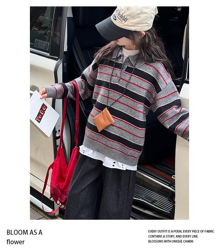 Girls' Striped Knitted Polo Sweater - Autumn/Winter 2025 Fashion Pullover for Kids