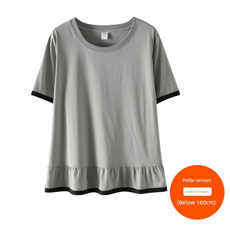 

Plus size women clothing [Cool T] Three Clothes Length Ice Porcelain Cotton round Neck Casual Patchwork Contrast Color Frill Short sleeve T-shirt Extreme Gray (below 160cm) 8xl