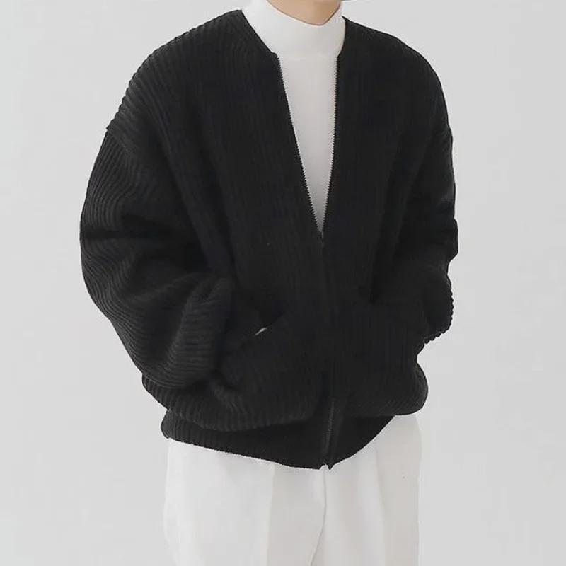 Men's Round Neck Solid Color Knitted Cardigan - 2023 Casual Autumn/Winter Fashion, All-Match, Large Size Trendy Jacket