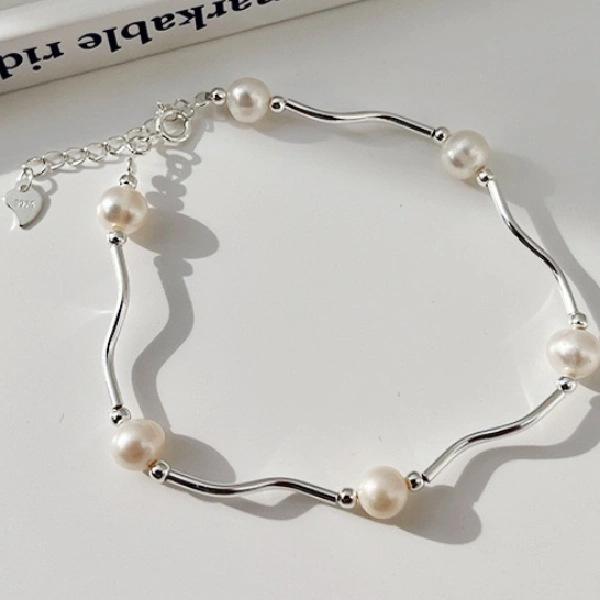 Qiqi Small Fresh Pearl Tube Bracelet Women'S Simple Handmade Wave Bracelet Small Student Girlfriend Silver Jewelry Women
