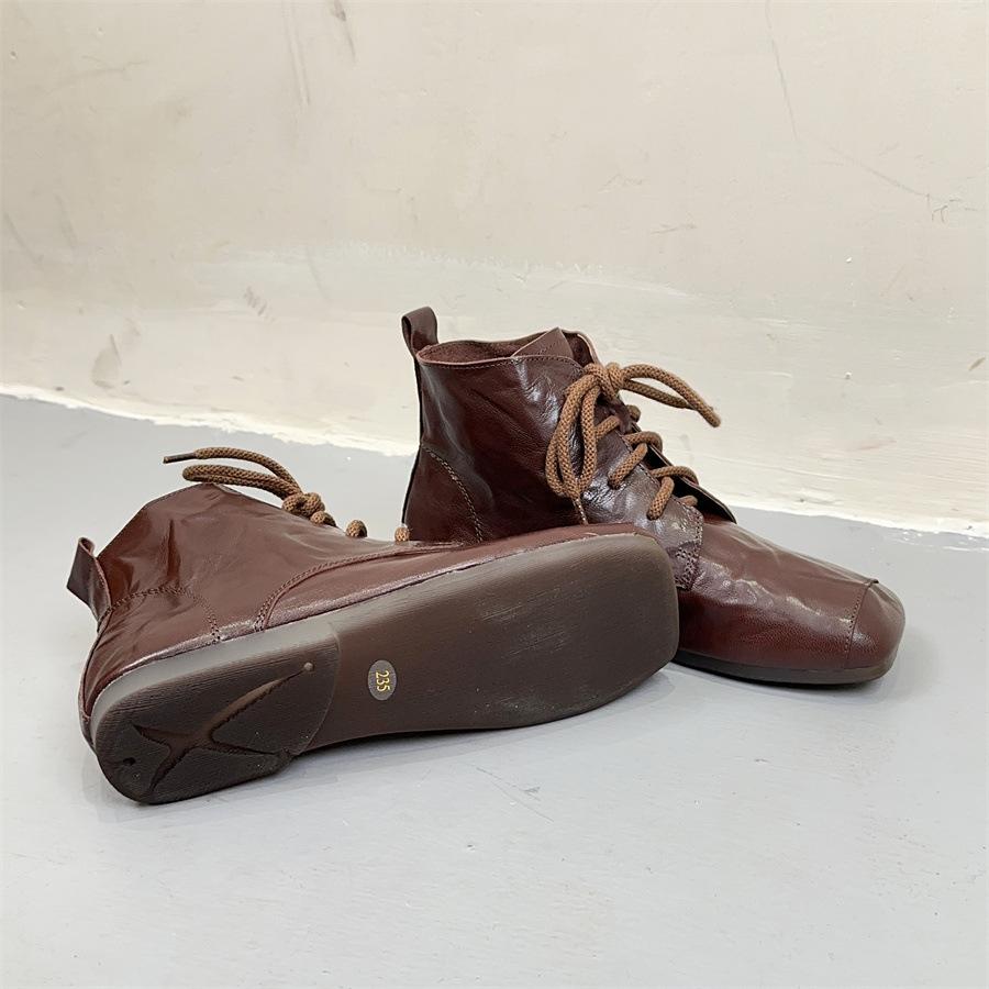 Johnature Bottines Plates Courtes Rétro Cuir Véritable Bout Carré Lacets Bottines Femme