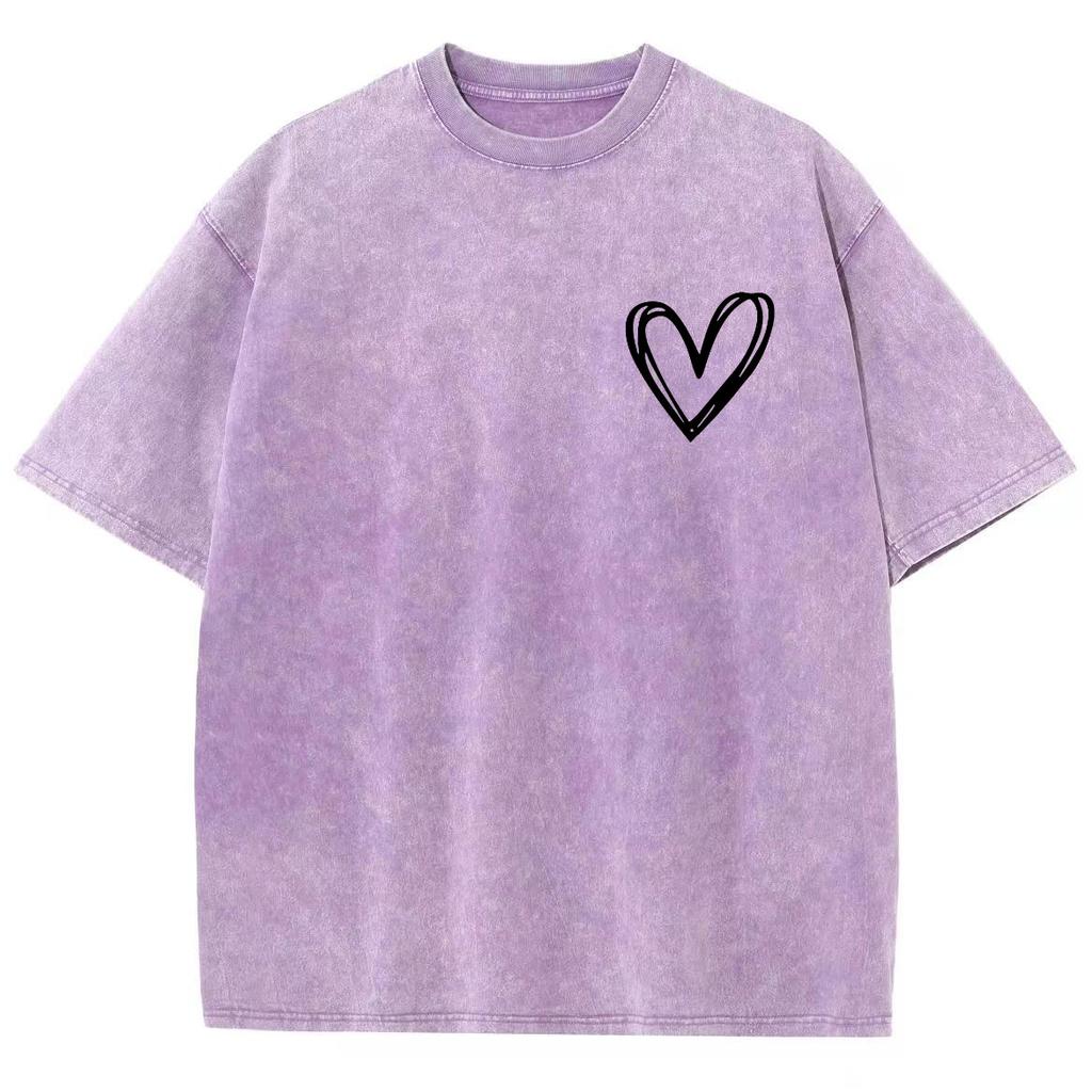 Colorful Round Neck Washed Denim Short-sleeved T-shirt Snowflake Pattern Love Print Back Letter Print Leisure Loose