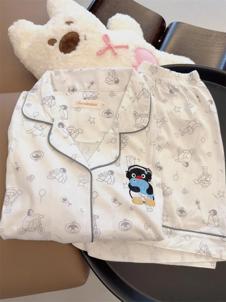 

Internet celebrity new full of sweet little penguin pajamas women s summer short-sleeved shorts suit girl casual loungewear S