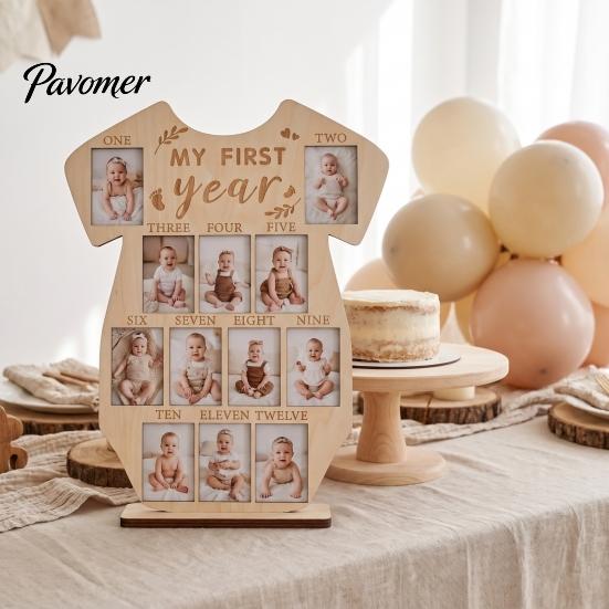 Natural Log Photo Holder Wooden Baby Milestone Frame, My First Year Growth Picture Infant Onesie Shaped Newborn Monthly Memory Keepsake for