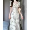 French polka dot bubble sleeve dress women's summer seaside vacation gentle wind waist temperament beautiful small skirt